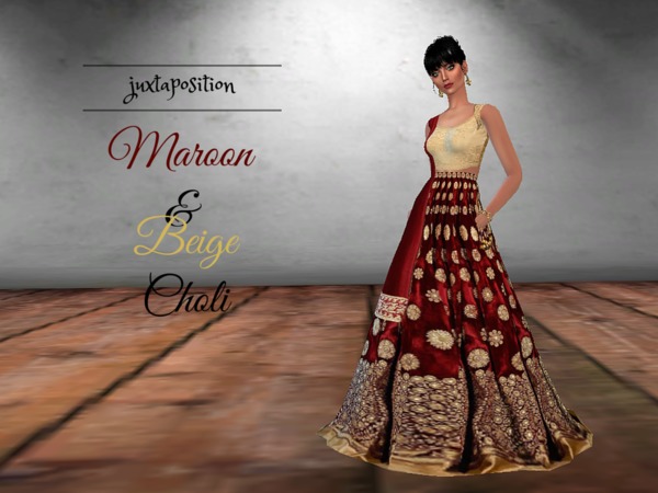Sims 4 Maroon & Beige Choli outfit by Juxtaposition at TSR
