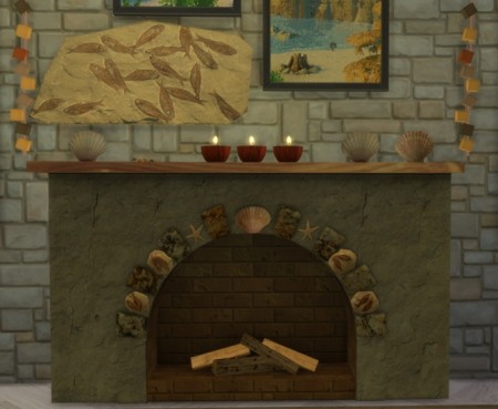 Summer Collectors fireplace, shells & candles, fossil fish at Sims 4 Studio