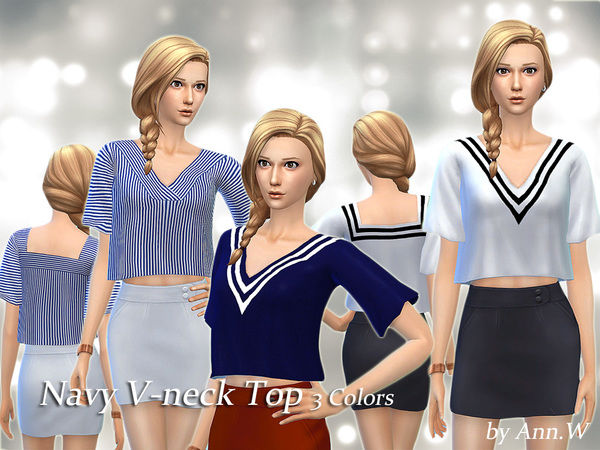 Sims 4 Navy V neck Top by annwang923 at TSR