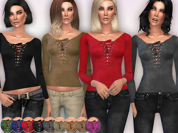 Sims 4 V Neck Suedette Lace Up Top by Harmonia at TSR