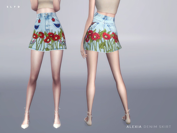 Sims 4 Embroidered Denim Skirt ALEXIA by SLYD at TSR