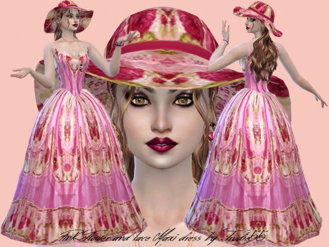 Sims 4 Pink flower and lace maxi dress set at Trudie55
