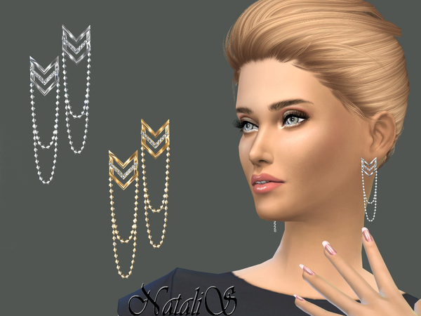 Sims 4 Chevron earrings with draped chain by NataliS at TSR