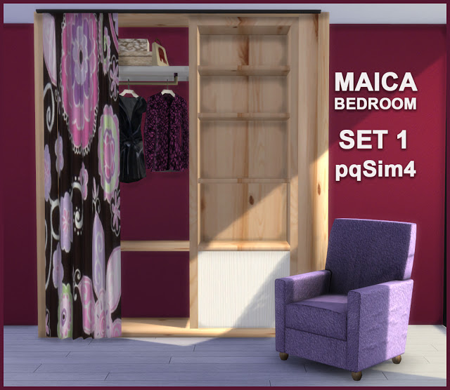 Sims 4 Maica Bedroom Set 1 wardrobe and armchair at pqSims4