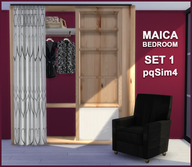 Sims 4 Maica Bedroom Set 1 wardrobe and armchair at pqSims4