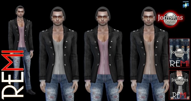 Sims 4 Remi set: black leather jacket + jeans at Jomsims Creations