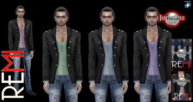 Sims 4 Remi set: black leather jacket + jeans at Jomsims Creations
