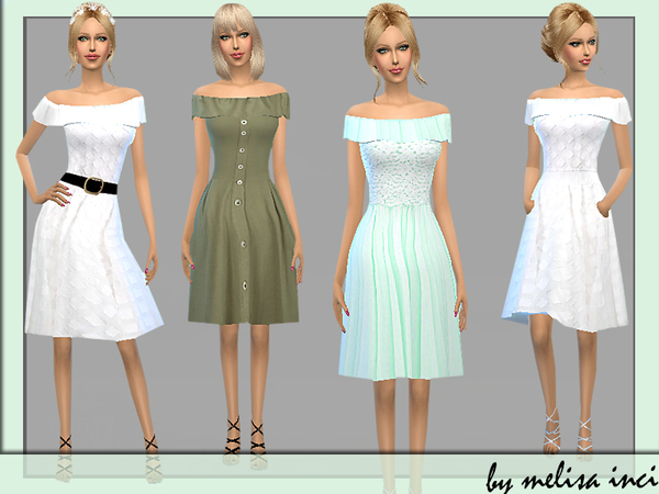 Sims 4 Frill Bardot Neck Midi Dress by melisa inci at TSR
