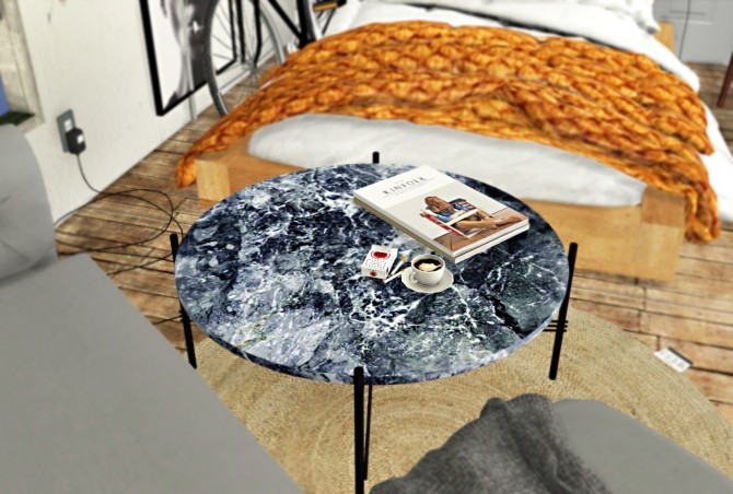 Sims 4 Marble tables, floor bed, desk & rolled up curtain at BlackMojitos