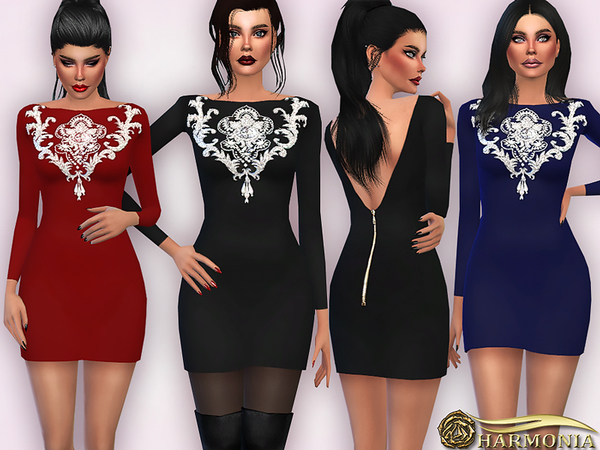 Sims 4 Strass Embroidered Mini Dress by Harmonia at TSR