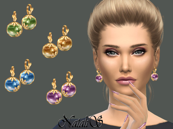 Sims 4 Leafs and cabochon earrings by NataliS at TSR