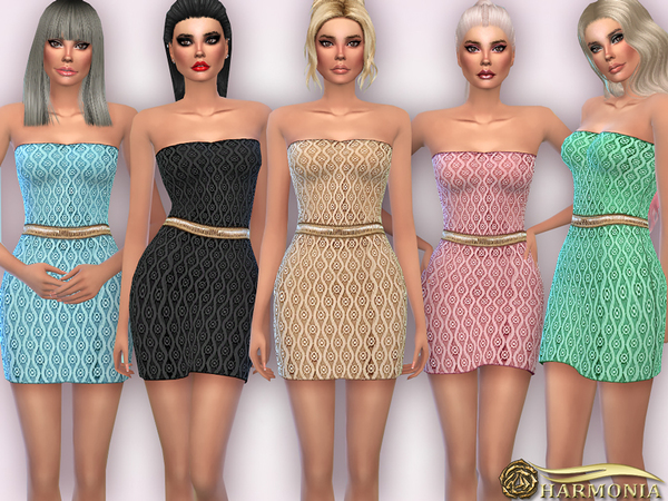 Sims 4 Variegated Lace Strapless Dress by Harmonia at TSR