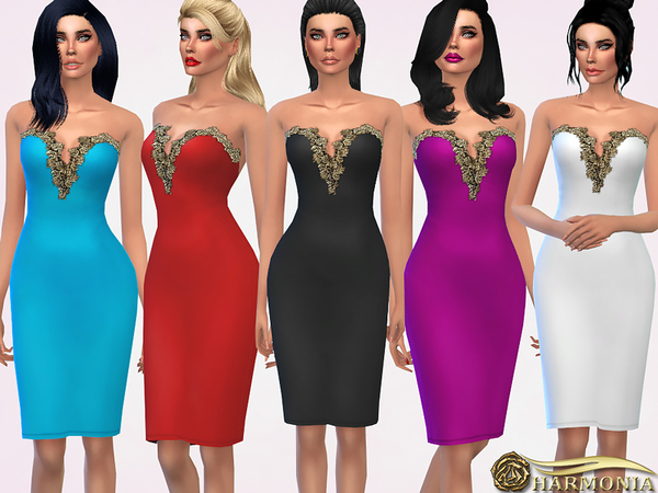 Sims 4 Gold Metallic Applique Midi Dress by Harmonia at TSR