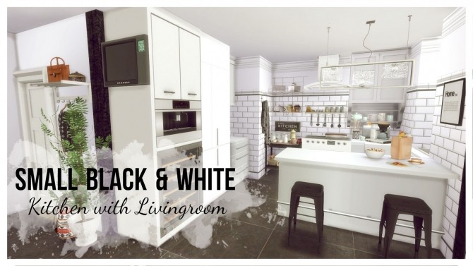 Sims 4 Small Black & White Kitchen with Livingroom at Dinha Gamer
