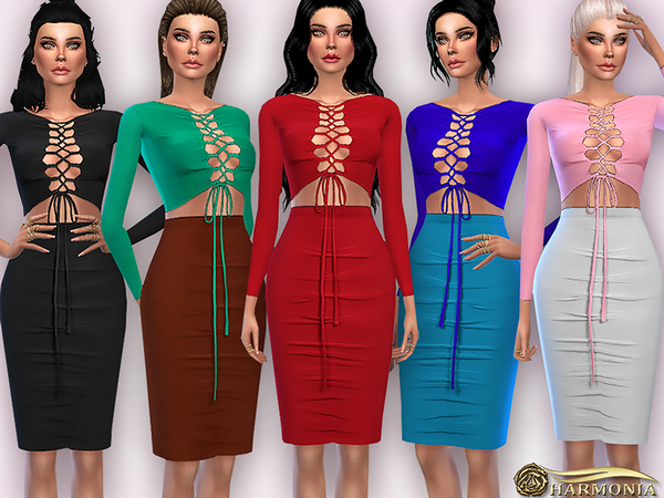 Sims 4 Lace up Top/Midi Skirt Two Piece Suit Dress by Harmonia at TSR