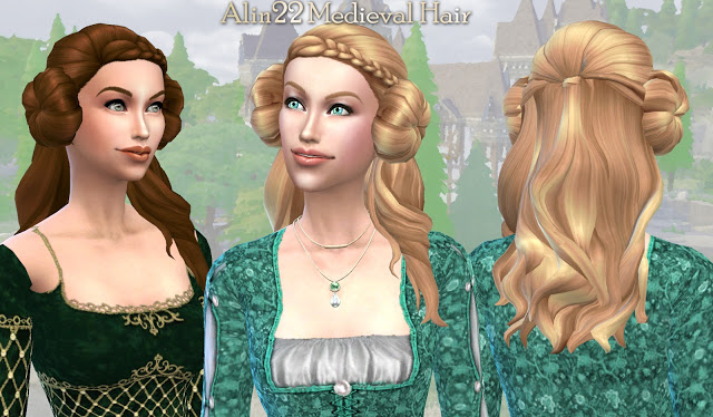 Sims 4 Medieval Long Hair with Buns & Metallic Hairnets Accessory at Mythical Sims 4