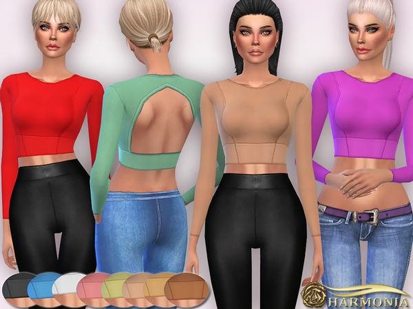 Sims 4 Crop Long Sleeve Top Back Cut out by Harmonia at TSR