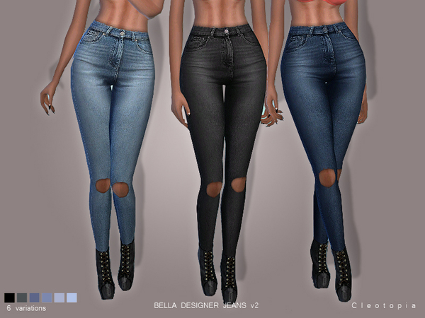 Sims 4 Set 73 BELLA Jeans v2 Ripped knees by Cleotopia at TSR