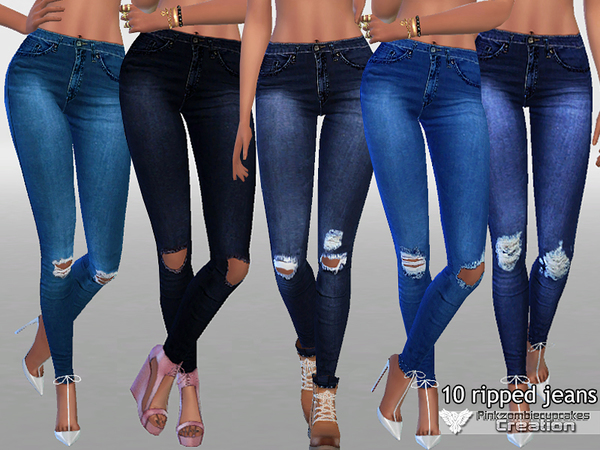Sims 4 10 Dark Ripped Denim Jeans by Pinkzombiecupcakes at TSR