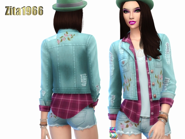 Sims 4 Pastel Denim jacket and shorts by ZitaRossouw at TSR