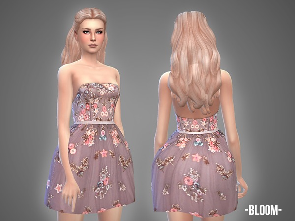 Sims 4 Bloom strapless embroidered dress by April at TSR