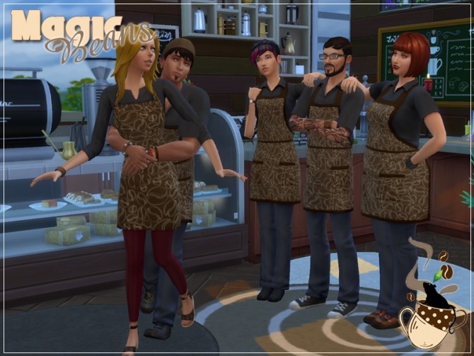 Sims 4 Magic Beans recolors of EAs apron outfits by Standardheld at SimsWorkshop