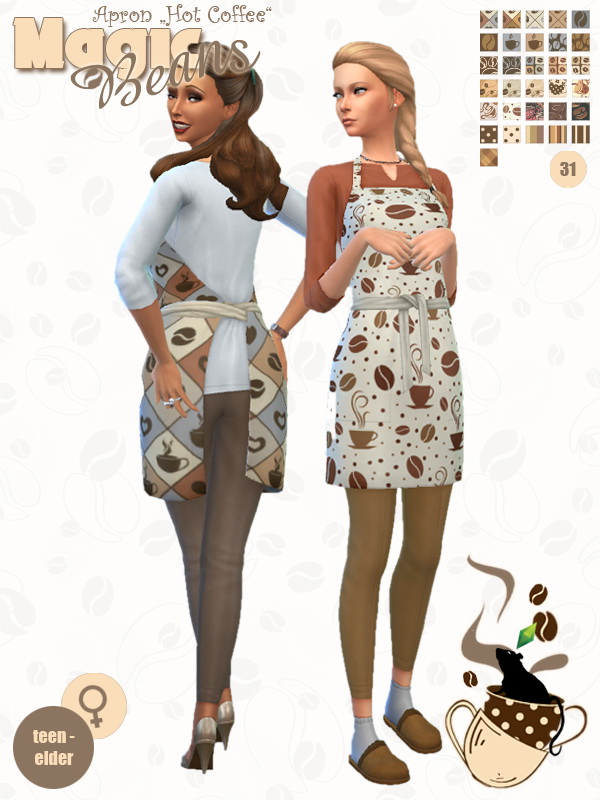 Sims 4 Magic Beans recolors of EAs apron outfits by Standardheld at SimsWorkshop