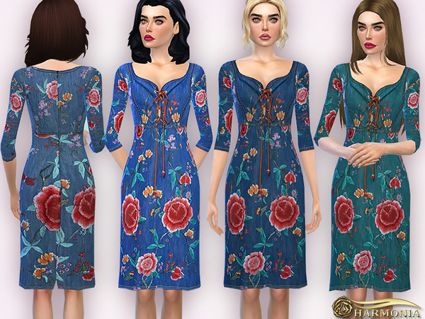 Sims 4 Embroidery Denim Dress by Harmonia at TSR