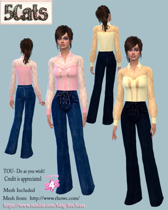 Sims 4 Ghost Vintage Ruffled Blouse and Jeans at 5Cats