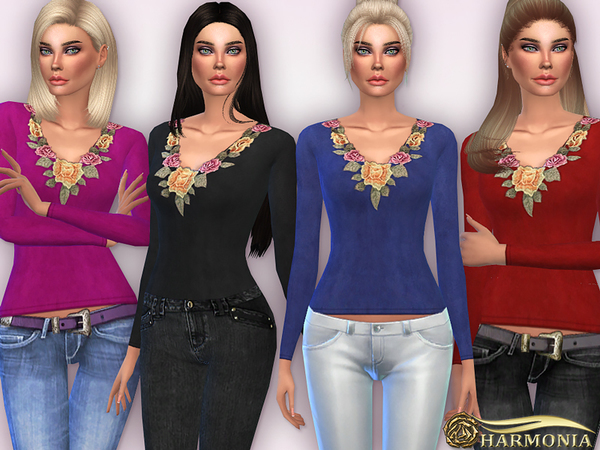 Sims 4 Embroidered Neck Suede Top by Harmonia at TSR