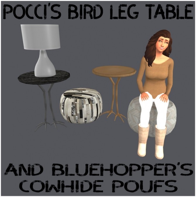 Sims 4 Bird Leg Table & Cowhide Pouf by Sympxls at SimsWorkshop