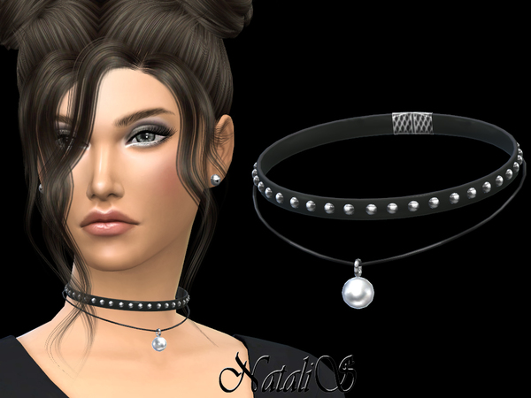 Sims 4 Double choker with single pearl by NataliS at TSR
