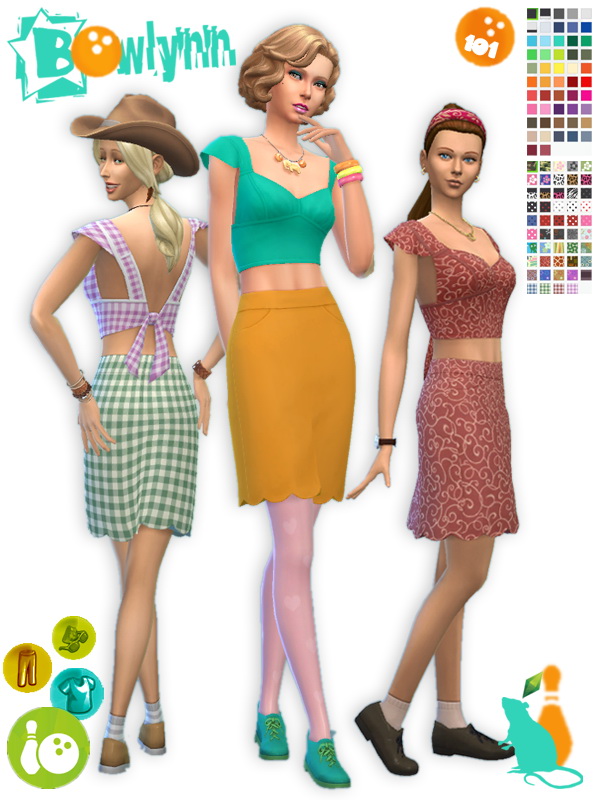 Sims 4 Bowlynn set: top, skirt and shoes recolor by Standardheld at SimsWorkshop