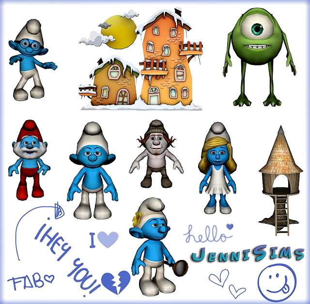 Sims 4 Set Vol 52 Decoratives Smurfs World, Monsters, Inc (9 Items) at Jenni Sims