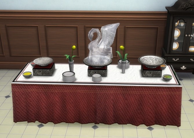 Sims 4 Pet Stories Buffet Table with Ice Swan by BigUglyHag at SimsWorkshop