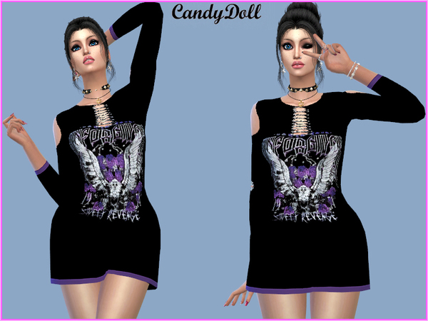 Sims 4 Black Print Cold Shoulder Dress by CandyDolluk at TSR