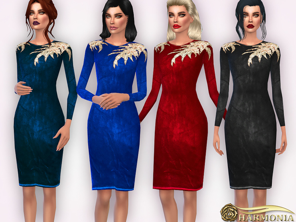 Sims 4 Gold Leaf Velvet Bodycon Dress by Harmonia at TSR