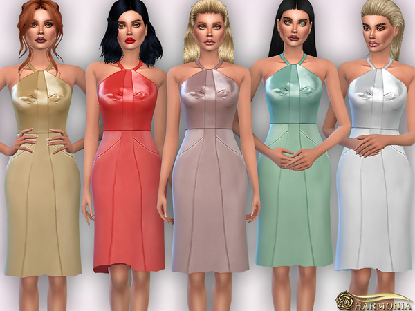 Sims 4 Halter Neck Satin Midi Dress by Harmonia at TSR