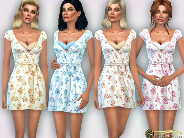 Sims 4 Floral Tie Waist Wrap Dress Robe by Harmonia at TSR
