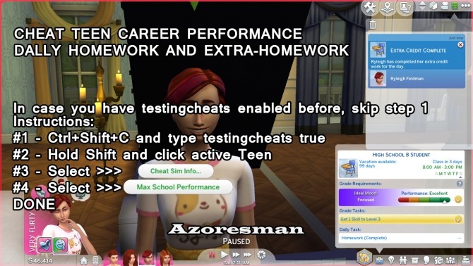 Sims 4 Cheat Teen HighSchool Performance and Homework fully done for the day by azoresman at Mod The Sims
