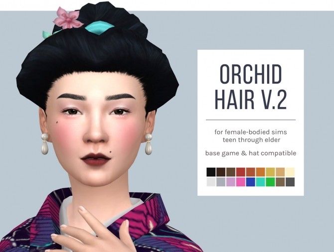 Sims 4 Orchid Hair Versions 1 & 2 plus Overlay Accessory at Femmeonamissionsims