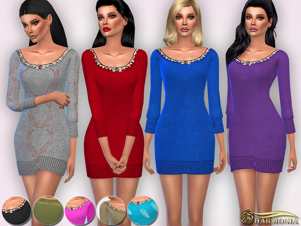 Sims 4 Jewel Embellishment Neck Cashmere Dress by Harmonia at TSR