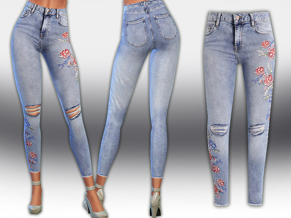Sims 4 Petite Floral Strawberry Jeans by Saliwa at TSR