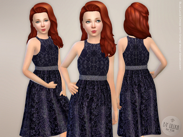 Sims 4 Blue Lace Dress with Stone Waist Embroidery by lillka at TSR