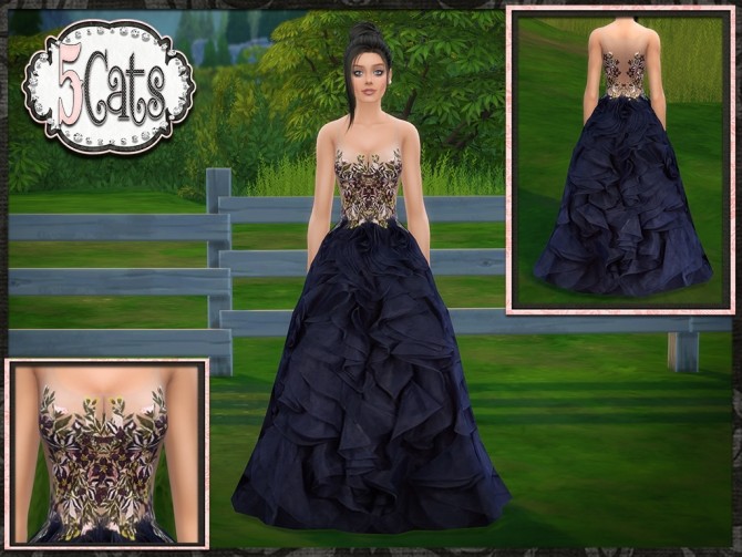 Sims 4 Designer Floral Embroidered Ruffle Skirt Gown at 5Cats