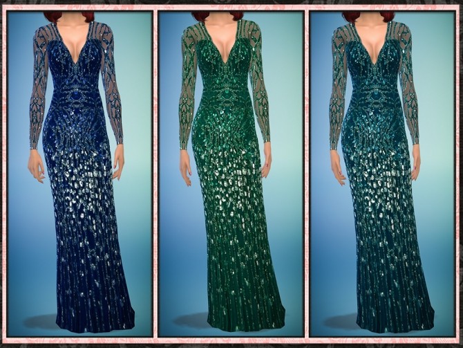 Sims 4 Embellished Deep V Cut Long Sleeve Gown at 5Cats