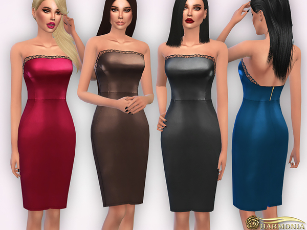 Sims 4 Strapless Leather Dress with Lace Trim by Harmonia at TSR