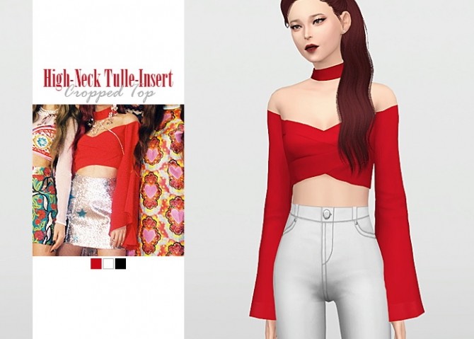 Sims 4 High Neck Tulle Insert Cropped Top at Waekey
