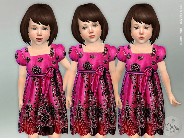 Sims 4 Fuchsia Black Floral Dress by lillka at TSR