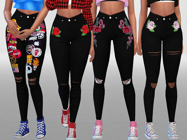 Sims 4 Black Denim Embroidered and Patched by Pinkzombiecupcakes at TSR